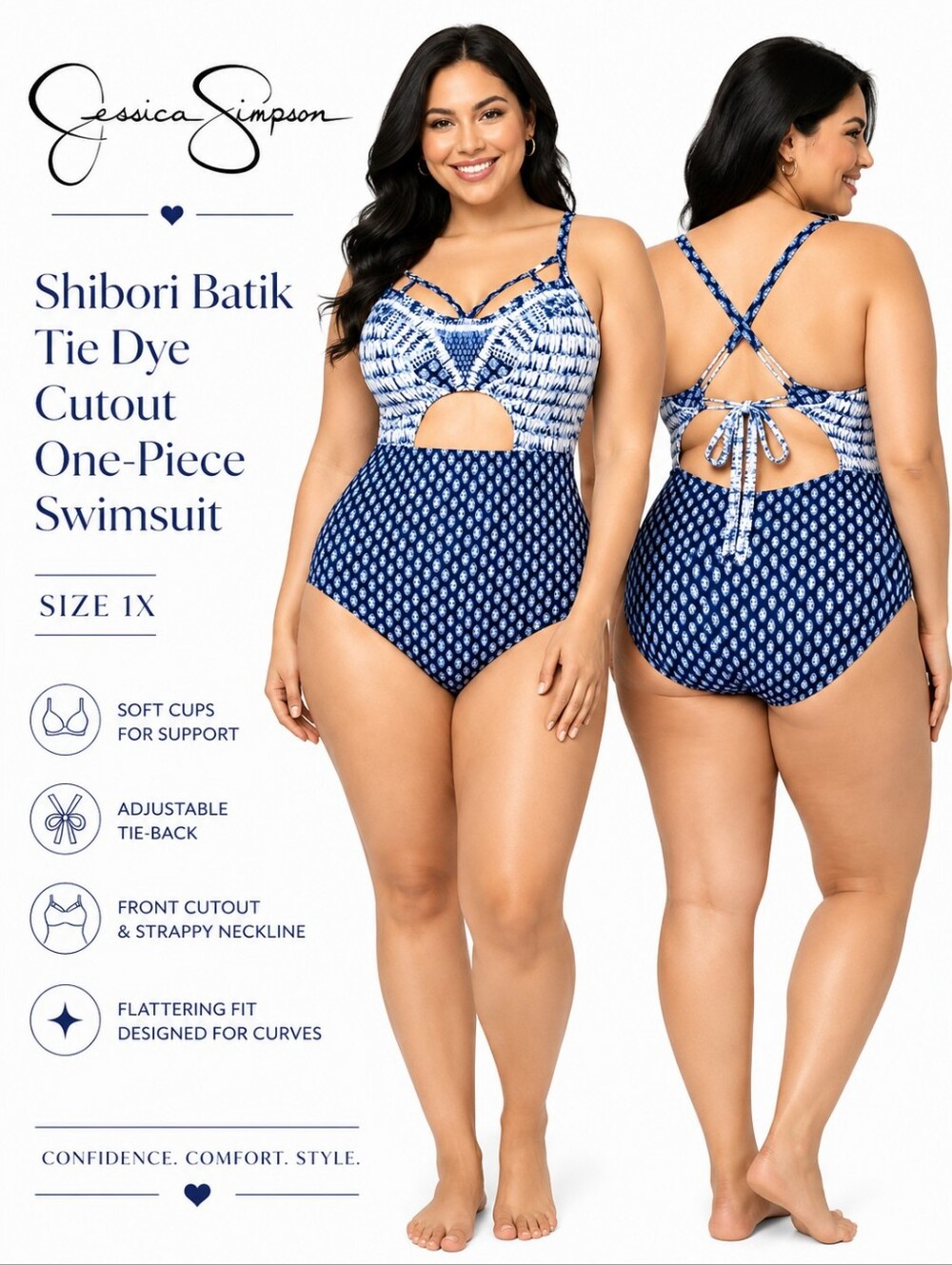 Jessica Simpson Blue & White Shibori Cutout One-Piece Swimsuit Size 1X
